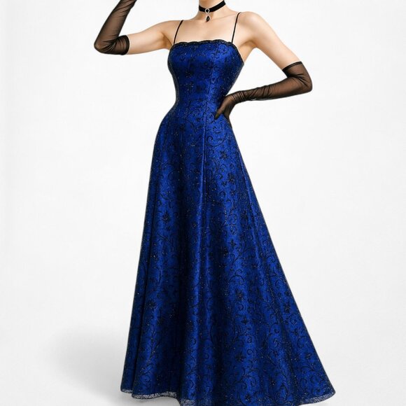 Vintage Black Blue Velvet Mesh Glitter Fit Flared Maxi Prom Dress Size M - Picture 1 of 11